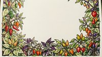Botanical frame with colorful chili peppers, ornamental plants and foliage border on cream background, isolated design element for culinary, gardening and botanical projects.