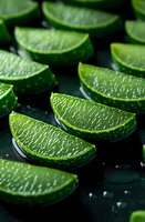 Fresh aloe vera plant leaves cut into segments showing natural gel texture and moisture droplets on dark background, macro photography for wellness products.