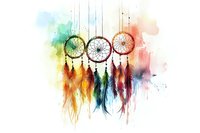 Colorful watercolor dreamcatcher with vibrant feathers and rainbow background, native american spiritual symbol with dripping paint effect and soft gradient colors.