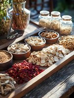 Assorted dried mushrooms, herbs and spices in ceramic bowls and glass jars on rustic wooden tray. Natural sunlight illuminates organic ingredients for cooking.