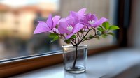 Purple bougainvillea flowers in clear glass vase on windowsill with blurred background, fresh cut blooms for home decor and floral arrangements.