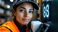 Young female warehouse worker in orange safety vest and cap checking digital display screen showing numbers while working in modern distribution center.
