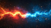 Cosmic energy collision with fiery red and electric blue lightning forces meeting in deep space against starry nebula background.