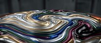 Abstract liquid metal waves with rainbow reflections creating dynamic flowing patterns on dark surface for modern digital art backgrounds.