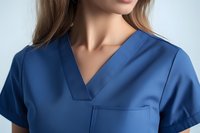 Caucasian female medical professional wearing navy blue scrubs uniform with v-neck design, close-up view showing collar and neckline details for healthcare industry.