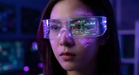 Young Asian woman wearing futuristic AR smart glasses with holographic display interface in neon-lit tech environment for digital innovation concepts.
