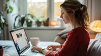 Young woman in red sweater working remotely from home office on laptop computer, side view of focused freelancer at cozy workspace with houseplants and natural light.