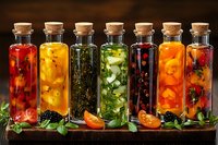 Colorful glass bottles with infused oils, herbs, and vegetables arranged on wooden surface for culinary use.