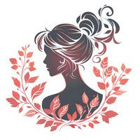 Elegant female silhouette profile with messy bun hairstyle surrounded by decorative coral pink leaves and floral elements on white background, isolated design.