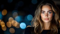 Young Caucasian woman with wavy blonde hair and blue eyes smiling against dark background with blurred bokeh lights creating magical evening atmosphere.
