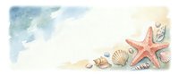 Watercolor beach scene with starfish, seashells, and pebbles on sandy shore with blue ocean wash, ideal for coastal designs, greeting cards, and summer-themed projects.