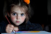 Young Caucasian girl with blue eyes drawing with colored pencil at table, focused on creative art activity in cozy indoor setting for education concepts.