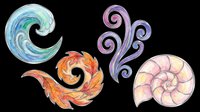 Watercolor swirl set with wave, fire, floral, and nautilus shell motifs, isolated on transparent background. Great for stickers, t-shirt design, and print on demand.