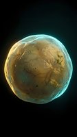 Glowing extraterrestrial planet with golden-brown surface, atmospheric haze, and crater formations against dark space background. Suitable for science fiction, astronomy, and space exploration projects.