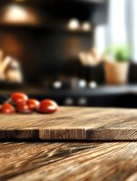 Rustic wooden cutting board with cherry tomatoes in modern kitchen interior, selective focus on textured wood surface, blurred background creates depth.