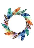 Watercolor feathers in vibrant colors arranged in a circular frame with empty white center space, isolated on white background for design projects.