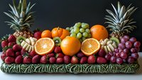 Fresh tropical fruits and berries arranged on decorative green ceramic platter against dark background. Vibrant assortment includes oranges, pineapples, raspberries and grapes.