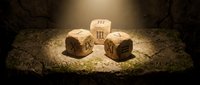Three wooden dice with Roman numerals sit illuminated on a textured stone surface in dramatic spotlight lighting, suitable for gaming, luck, chance, and fortune concepts.