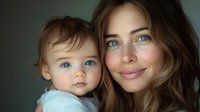 Young Caucasian mother with wavy brown hair and blue eyes holding adorable baby with matching bright blue eyes and brown hair, both smiling warmly against dark background.
