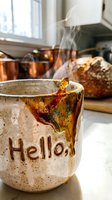 Steaming hot drink in a rustic handmade ceramic mug with Hello inscription, cozy kitchen background with copper pots and artisan bread.