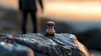 Wooden chess pawn standing alone on textured rock surface with blurred sunset background symbolizing solitude, strategy and perseverance in challenging situations.