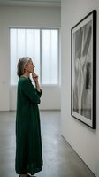 Thoughtful middle-aged woman in green dress contemplating artwork in modern gallery space with natural lighting for cultural and lifestyle content.