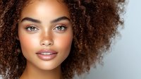 Young African American woman with natural curly afro hair and glowing skin showing radiant smile against light background, beauty and fashion portrait.