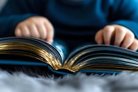Child's hands turning pages of an open book with gold-edged pages, creating a sense of wonder and discovery in early education and reading development.