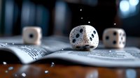 White gaming dice with black dots scattered on open book pages in dramatic lighting, creating moody atmosphere for board game and literature concepts.
