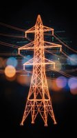 Smart grid electrical transmission tower with digital interface overlay showing energy management data and connectivity networks for modern power infrastructure.