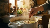 Caucasian woman stirring hot steaming soup in a rustic pot on a stove in a cozy farmhouse kitchen with warm natural light.