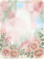 Watercolor floral frame with soft pink roses, eucalyptus leaves, and gold heart accents on white background. Isolated design element suitable for invitations, greeting cards, and wedding stationery projects.