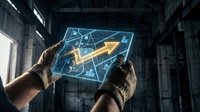 Businessman hands holding futuristic holographic tablet displaying financial growth chart with upward arrow in industrial warehouse setting.