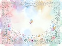 Watercolor birthday card frame with pastel floral border, balloons, fireworks, and ornate decorative elements on soft colorful background.