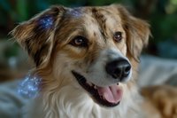 Friendly mixed breed dog with cream and brown fur smiling at camera, close up portrait showing happy expression against blurred natural background.