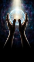 Hands holding glowing digital sphere with circuit patterns and light rays against dark blue background, representing technology, innovation, artificial intelligence, and future digital transformation concepts.
