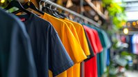 Colorful t-shirts hanging on rack in retail store with soft bokeh background, featuring vibrant yellow, red, blue and black casual clothing for fashion display.