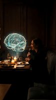 Woman contemplating glowing brain hologram during candlelit dinner representing artificial intelligence, neuroscience and cognitive thinking concepts.
