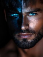 Close-up portrait of a bearded man with striking blue eyes in dramatic lighting, half face illuminated while other half remains in shadow creating mysterious mood.