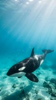 Majestic orca whale swimming gracefully through crystal clear turquoise ocean waters with sunbeams filtering down from surface above coral reef.