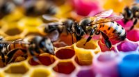 Macro shot of honey bee on vibrant honeycomb cells with colorful pollen stores, showing detailed insect anatomy and natural beekeeping process in sharp focus.