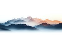 Layered mountain peaks emerge through morning mist creating atmospheric depth with soft orange sunrise glow and blue shadowed ridges in foggy landscape.