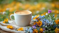 White coffee cup with creamy latte foam surrounded by vibrant wildflowers including orange calendula and blue forget-me-nots on rustic linen cloth in garden setting.