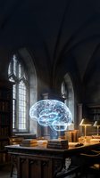 Glowing holographic brain floating above ancient books in gothic library with arched windows and wooden shelves for education and neuroscience concepts.