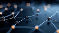 Glowing network nodes connected by lines on dark background illustrate digital connectivity, data exchange, and neural networks in modern technology.