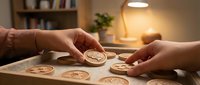 Hands arranging wooden emoji tokens on table in cozy home office setting with warm lamp lighting for creative workspace organization and productivity.