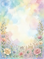 Pastel watercolor background with decorative floral borders featuring roses, botanical elements, and gold accents. Soft blended colors in pink, blue, yellow, and purple create a dreamy atmosphere. Isolated design suitable for invitations, greeting cards, and stationery projects.
