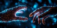 Glowing particle hands reaching towards each other against dark background, depicting connection and technology with luminous blue and red dots forming ethereal shapes.