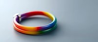 Rainbow colored silicone rings stacked together on neutral gray background, symbolizing unity, diversity and pride. Modern minimalist jewelry design.