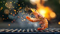 Fresh grilled shrimp with spices and smoke on barbecue grill with golden bokeh lights and sparks in background, dramatic food photography.